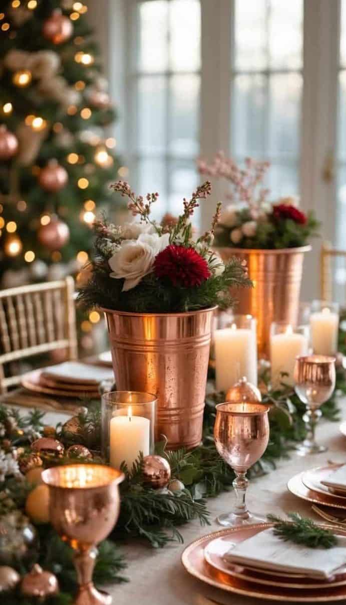 A festive table is set with copper cups, plates, and vases holding flowers, surrounded by candles and greenery, with a decorated Christmas tree in the background.