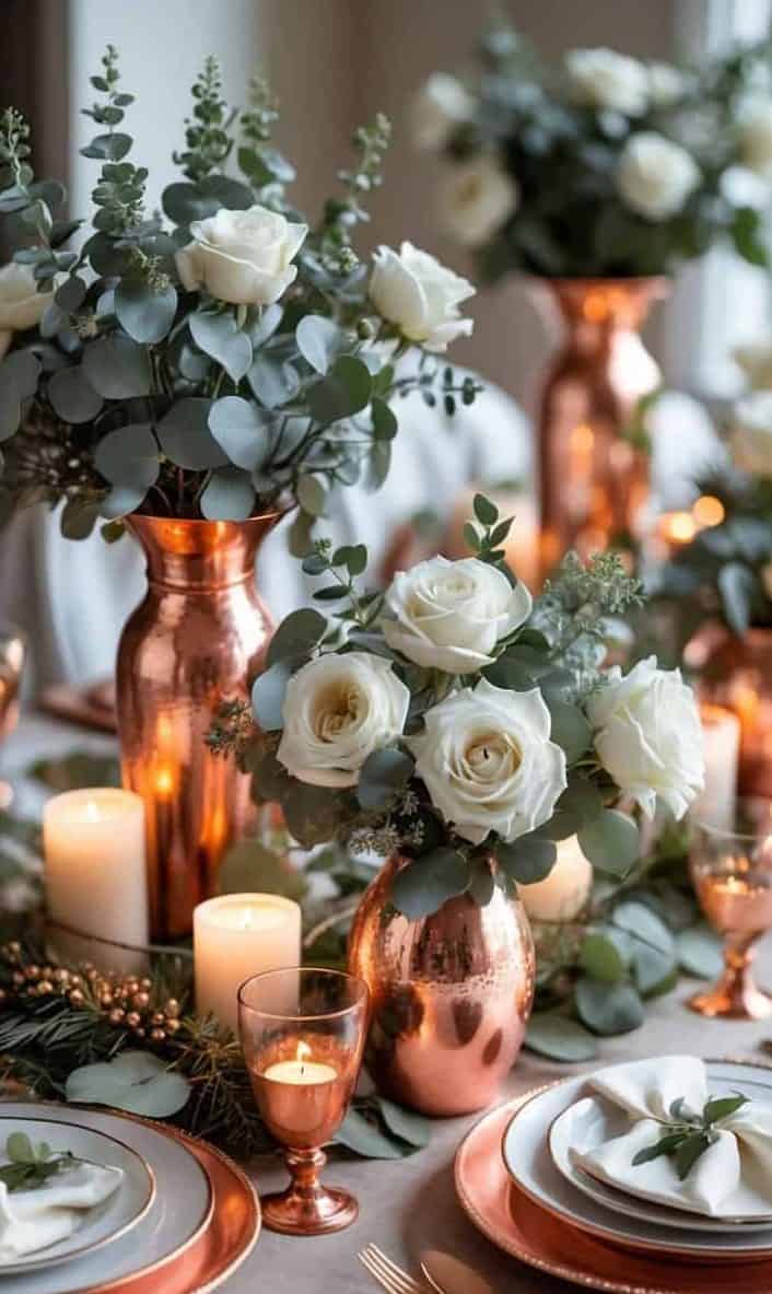 A formal dining table is set with white plates, copper cutlery, copper vases of white roses and greenery, and lit candles, creating an elegant and inviting atmosphere.