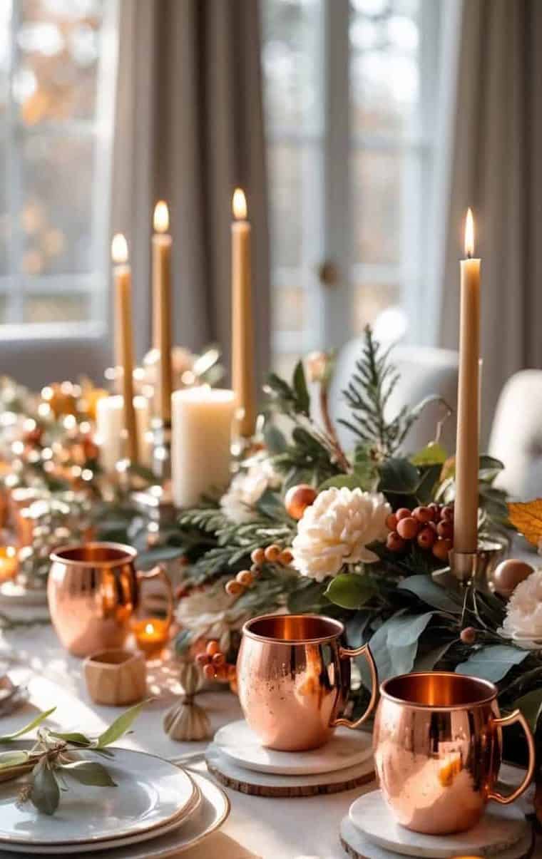 A decorated dining table with copper mugs, white plates, floral arrangements, and tall lit candles, set near windows with natural light.
