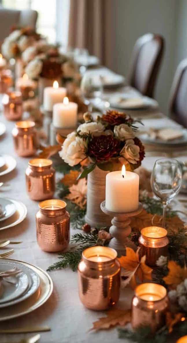 A decorated dining table set with plates, cutlery, menus, copper candles, white pillar candles, flowers, and autumn foliage.