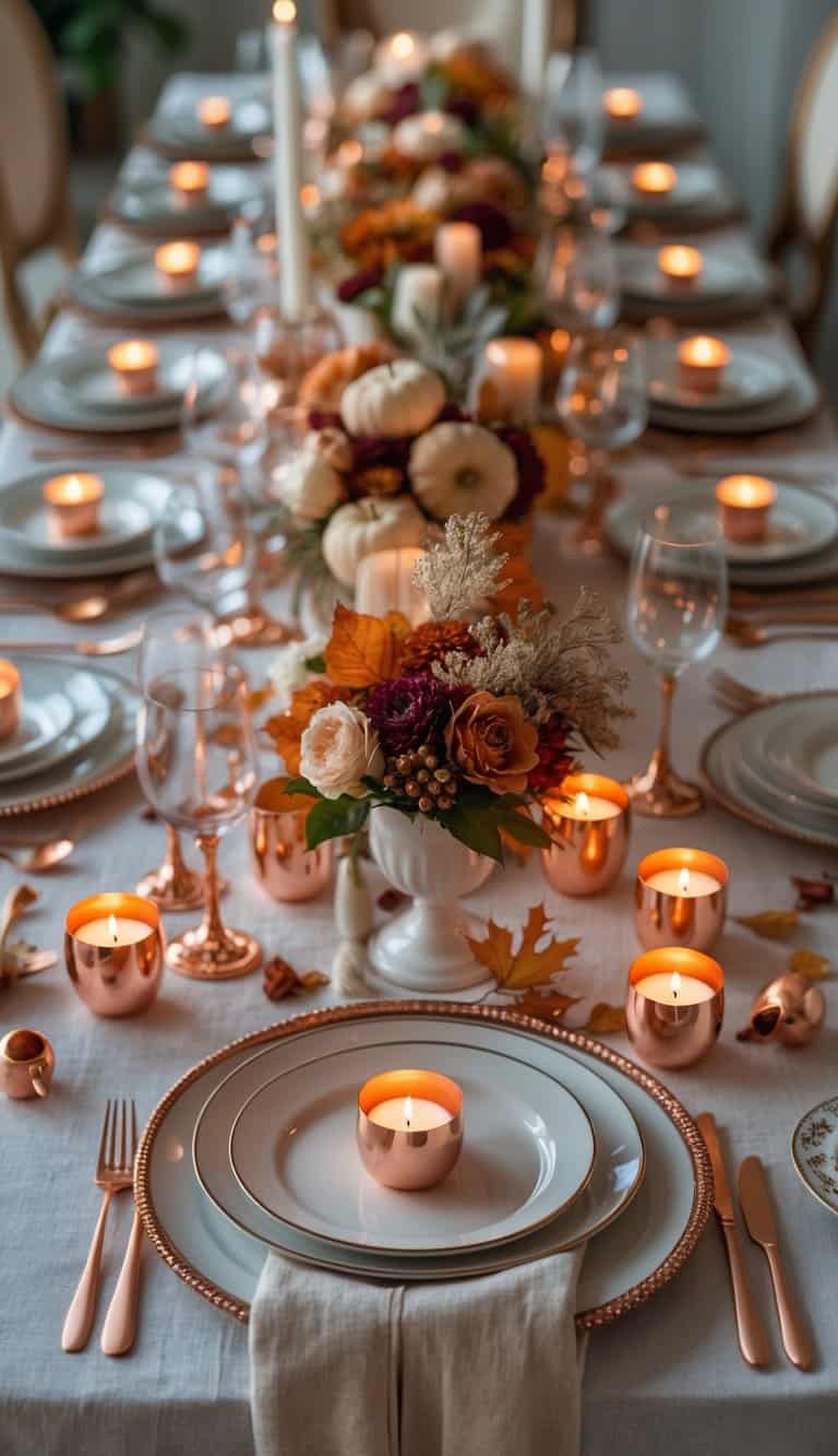A full dining table set with dinnerware, copper tealight holders, floral centerpieces, and seasonal decorations under natural light.