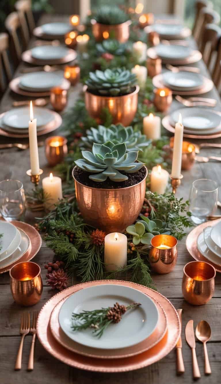 A fully set dining table decorated with copper planters holding succulents, candles, seasonal flowers, and dinnerware arranged for an event or holiday.