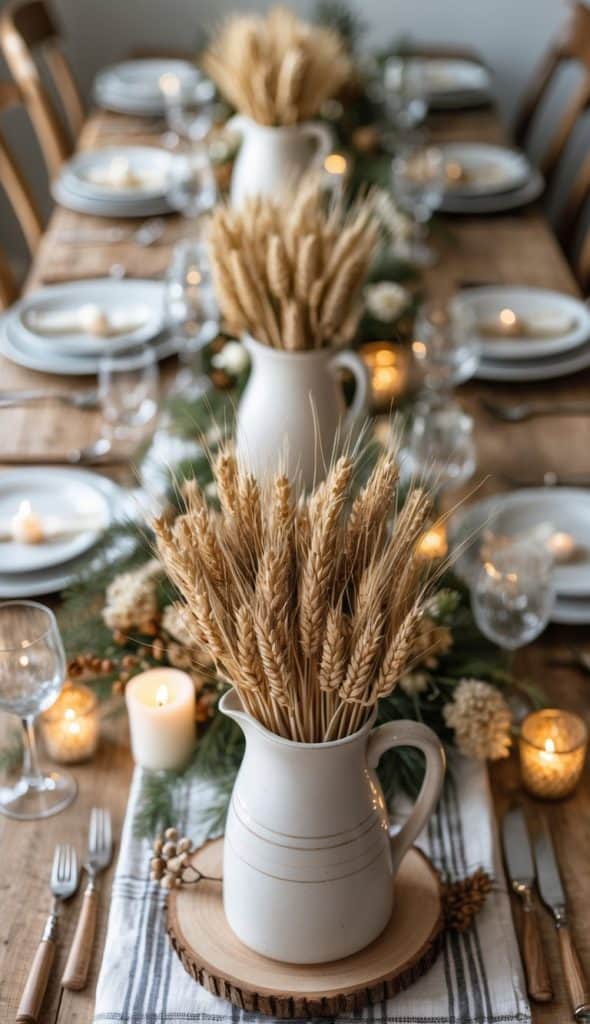 A rustic dining table set with white plates, glasses, and napkins, decorated with candles and vases of wheat stalks as centerpieces.