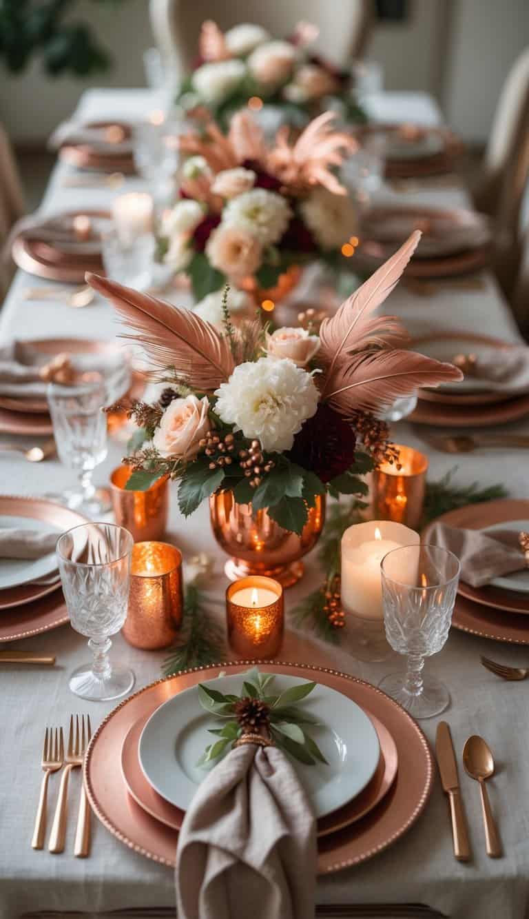 A full dining table decorated with copper-toned dinnerware, floral centerpieces with copper-tipped feathers, candles, and seasonal decorations under natural light.