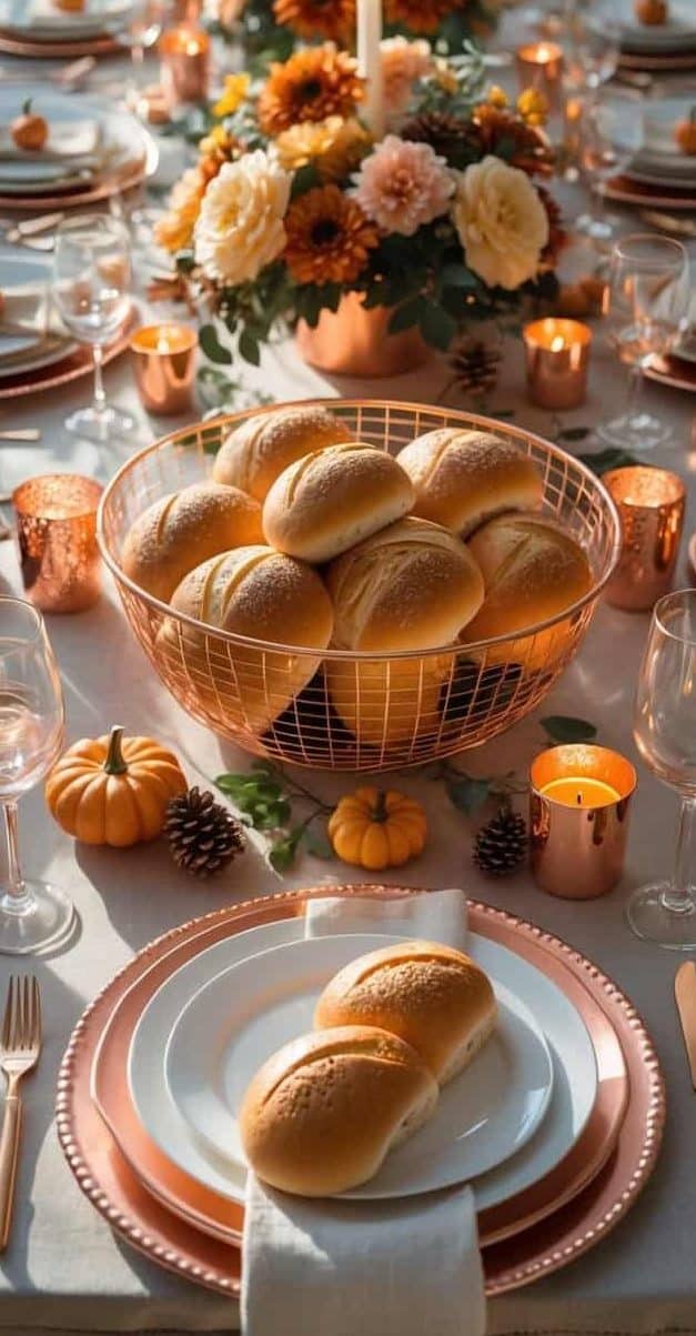A festive table is set with plates, bread rolls, wine glasses, orange flowers, candles, mini pumpkins, and pinecones, creating a warm autumn atmosphere.