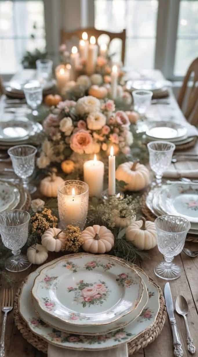A wooden dining table set with floral china, crystal glasses, and a centerpiece of candles, flowers, and small white pumpkins.