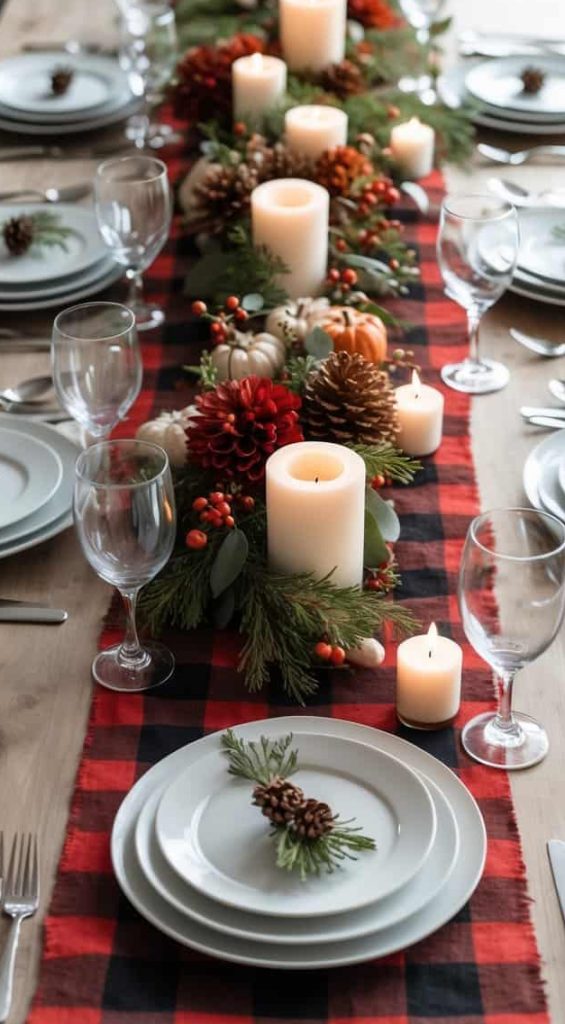 A dining table set with white plates, silverware, glasses, and a red plaid table runner decorated with candles, pinecones, greenery, and berries.