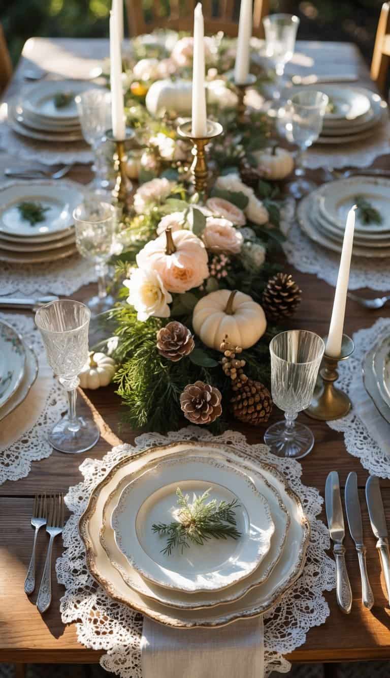 A dining table set with plates, glasses, cutlery, lace doilies, floral centerpiece, candles, and seasonal decorations.