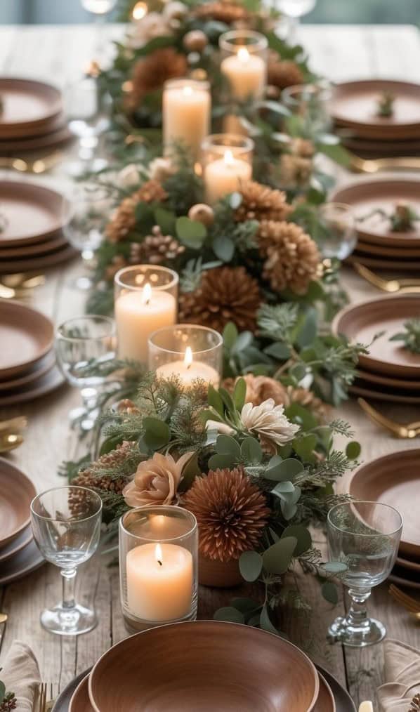 A long dining table set with brown plates, glassware, gold cutlery, lit candles, and a centerpiece of pinecones, flowers, and greenery.