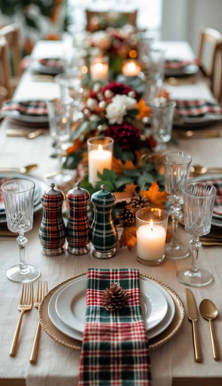 A dining table set with plates, glasses, cutlery, plaid salt and pepper shakers, candles, and seasonal flowers.