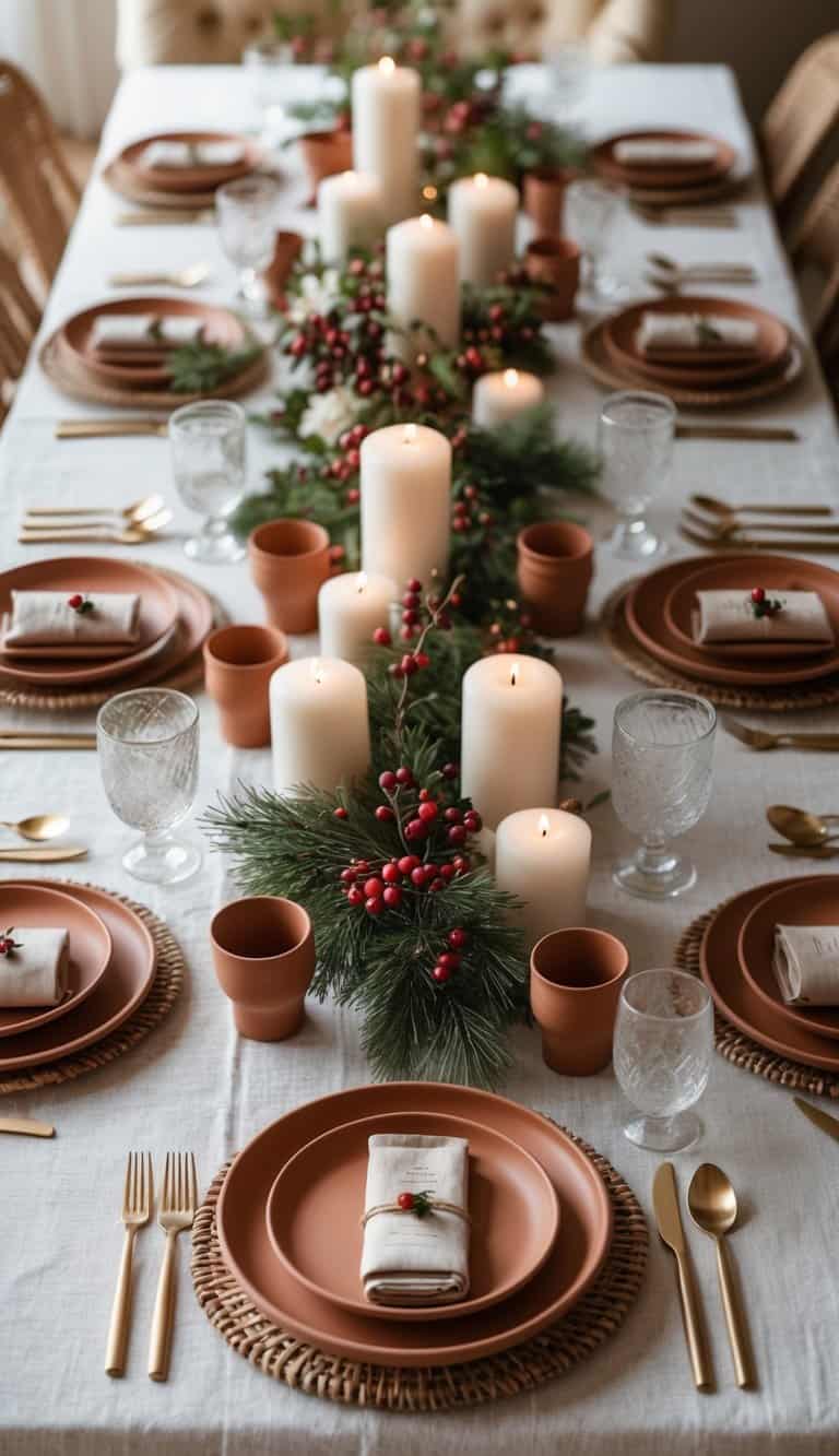 A dining table set with terracotta plates, glasses, cutlery, candles, berries, small branches, and seasonal flowers arranged as a centerpiece.