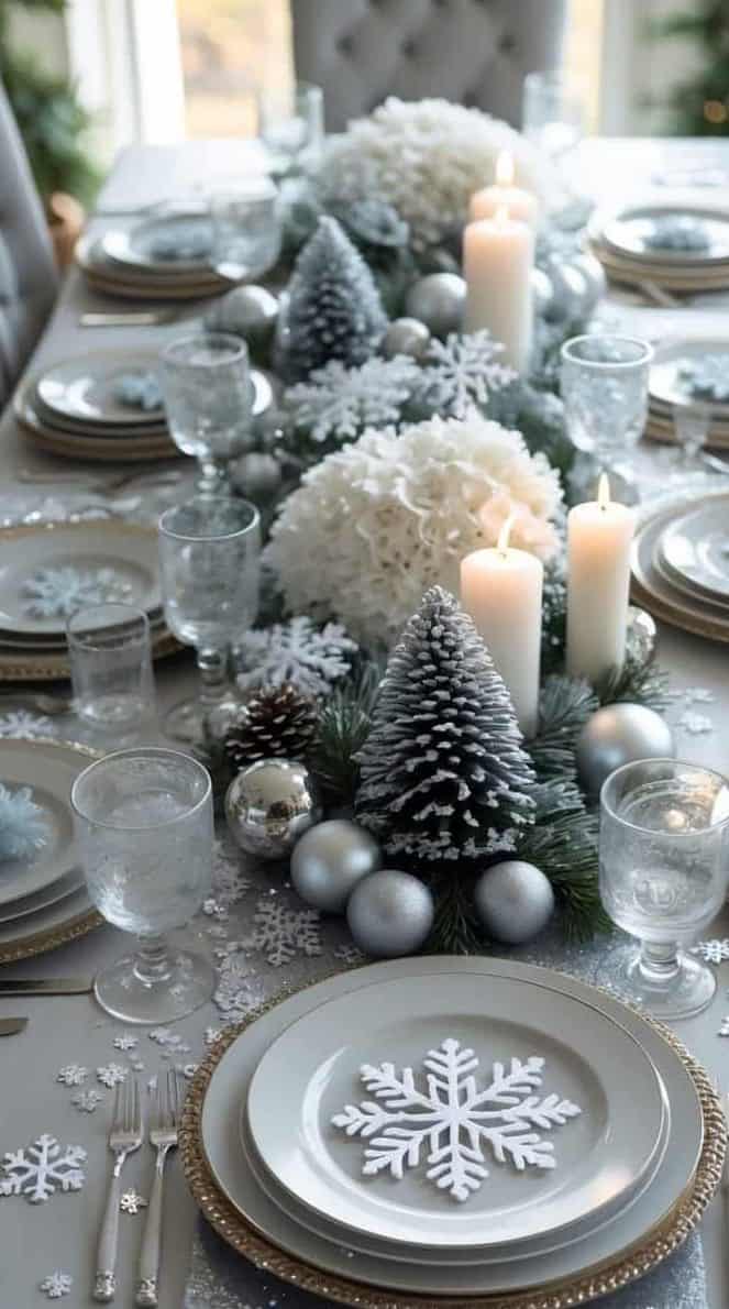 Elegant winter-themed dining table set with white plates, snowflake decorations, glassware, and a centerpiece featuring candles, faux pine trees, and silver ornaments.