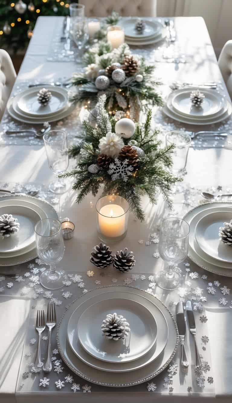 A dining table set with white plates, clear glasses, silver cutlery, silver snowflake confetti on translucent placemats, floral centerpieces, and candles.