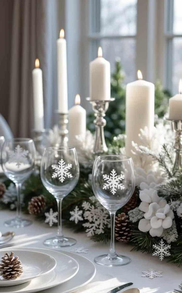 A festive dining table set with white dishes, snowflake wine glasses, pinecones, and candles, decorated with winter greenery and snowflake accents.