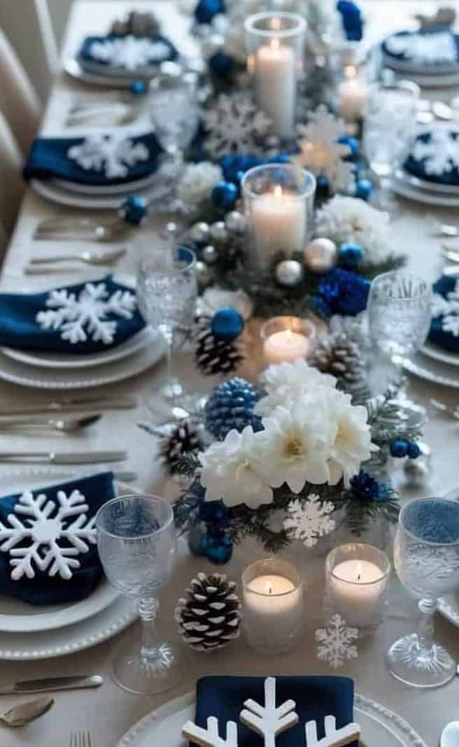 A winter-themed dining table set with blue napkins, snowflake decorations, white flowers, pine cones, candles, and glassware arranged neatly.