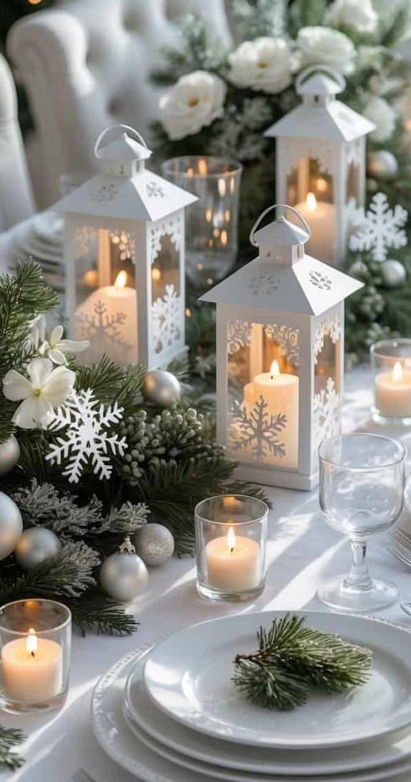 A festive table setting with white plates, pine sprigs, candles, glassware, and white lanterns decorated with snowflakes and surrounded by greenery and ornaments.