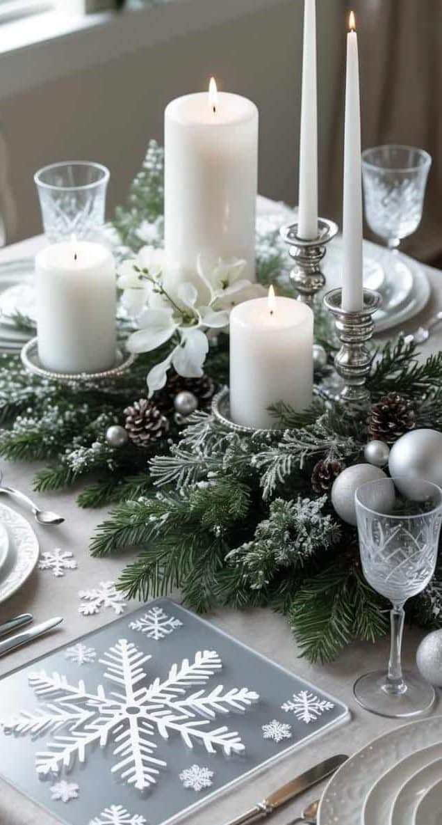 Elegant winter-themed dining table with white candles, crystal glassware, silverware, pine branches, ornaments, and a large snowflake design on a plate.