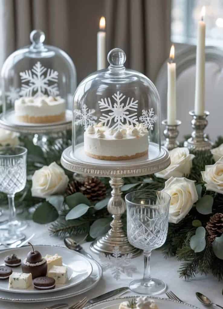 A formal winter-themed table setting with white floral arrangements, candles, assorted desserts, and cakes under glass domes decorated with snowflake patterns.