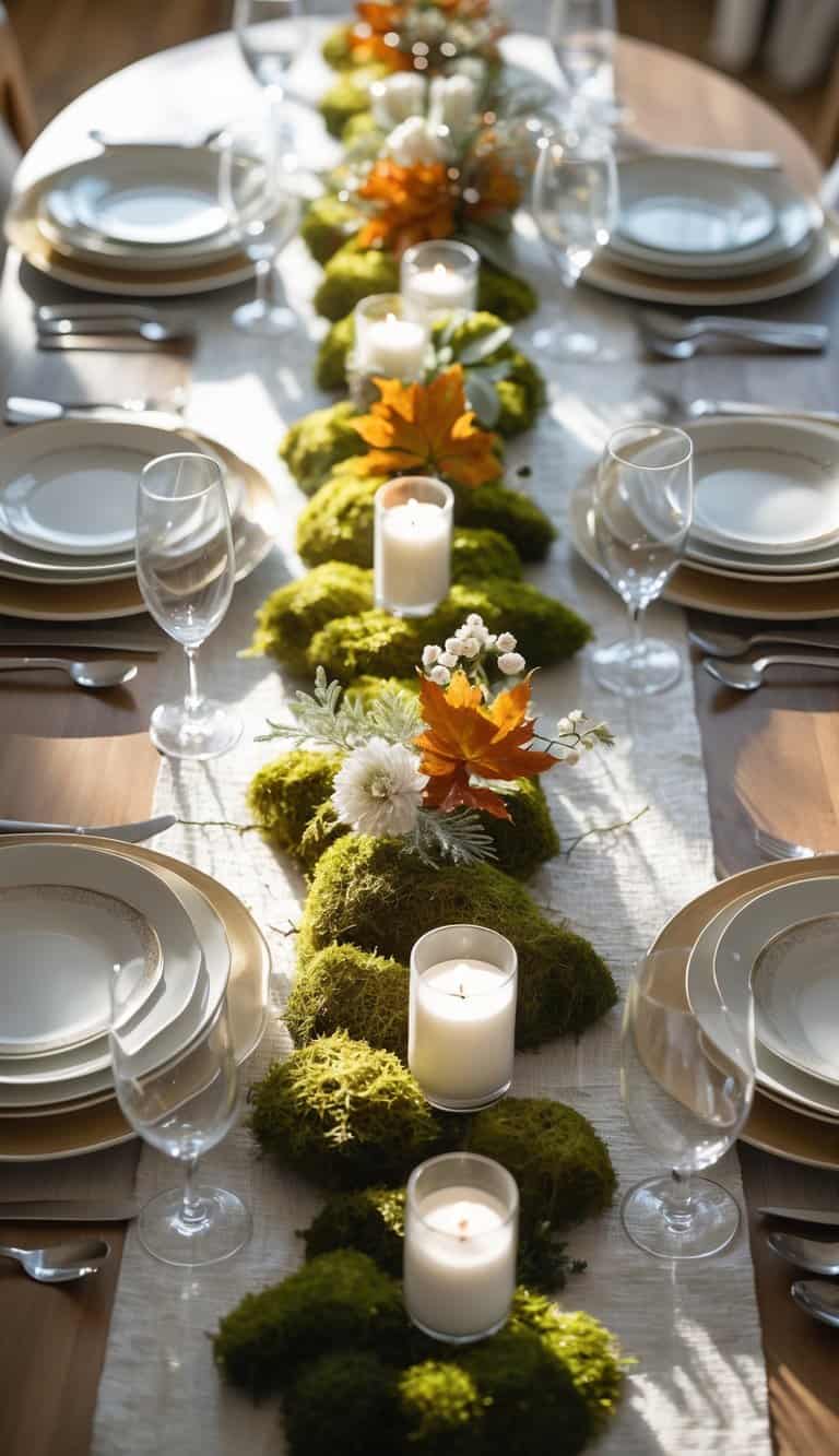 A dining table set with plates, glasses, cutlery, a moss table runner, candles, and floral centerpieces arranged for an event or holiday.