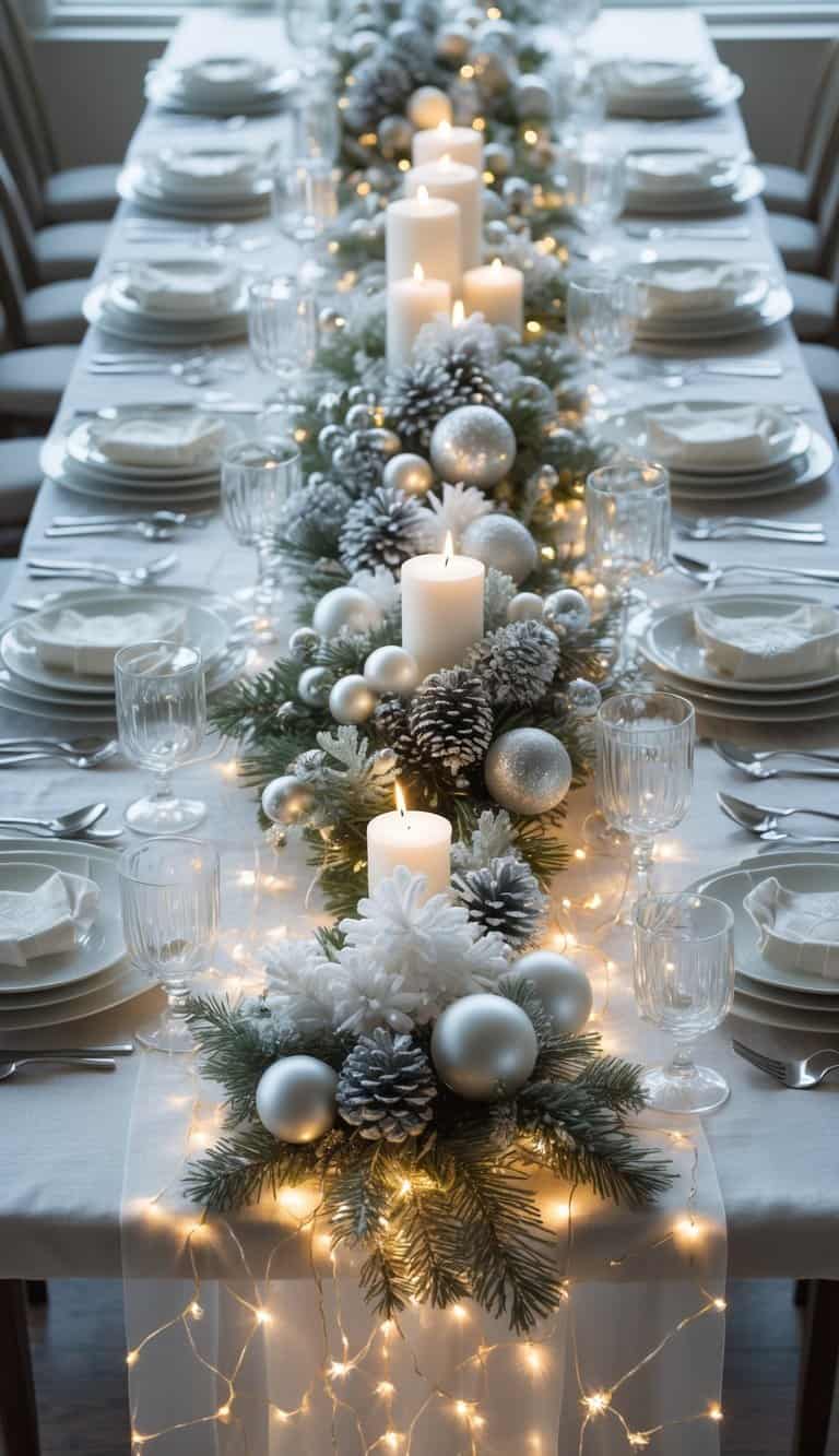 A dining table set for a winter holiday event with plates, glasses, cutlery, glowing fairy lights under a translucent runner, candles, and floral centerpieces.