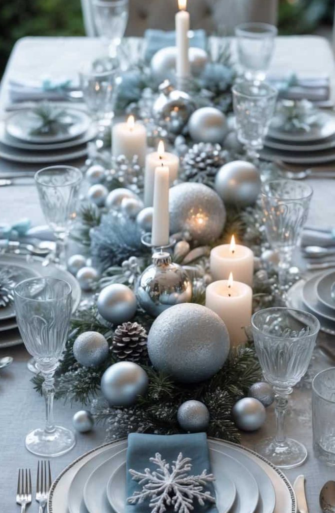 Elegant winter-themed dining table set with white and silver decorations, candles, pinecones, and glassware, featuring a snowflake ornament on each blue napkin.