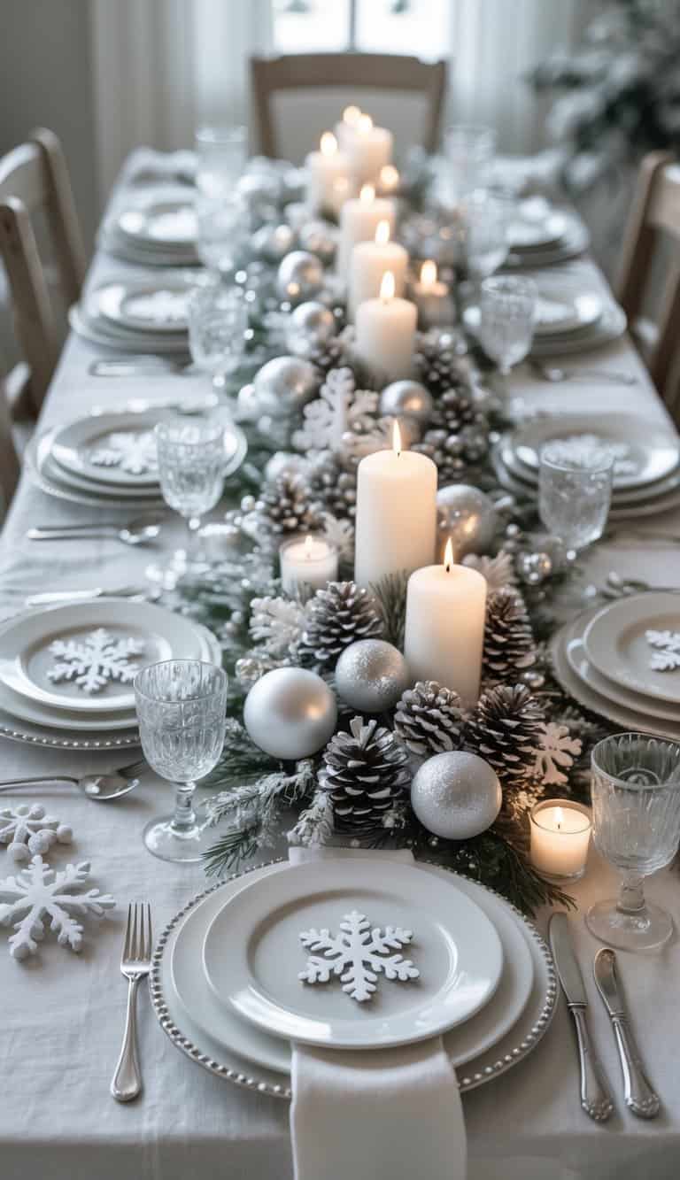 A dining table set with snowflake-themed chargers, white plates, glasses, cutlery, candles, and floral centerpieces with winter decorations.