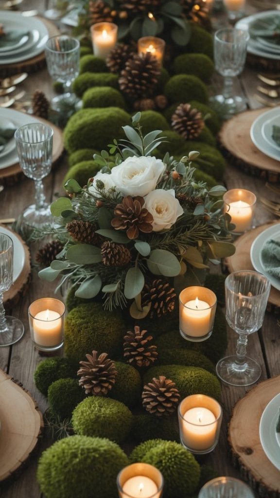 A wooden dining table is set with plates, glasses, and napkins, featuring a centerpiece of moss, pinecones, white flowers, and lit candles.