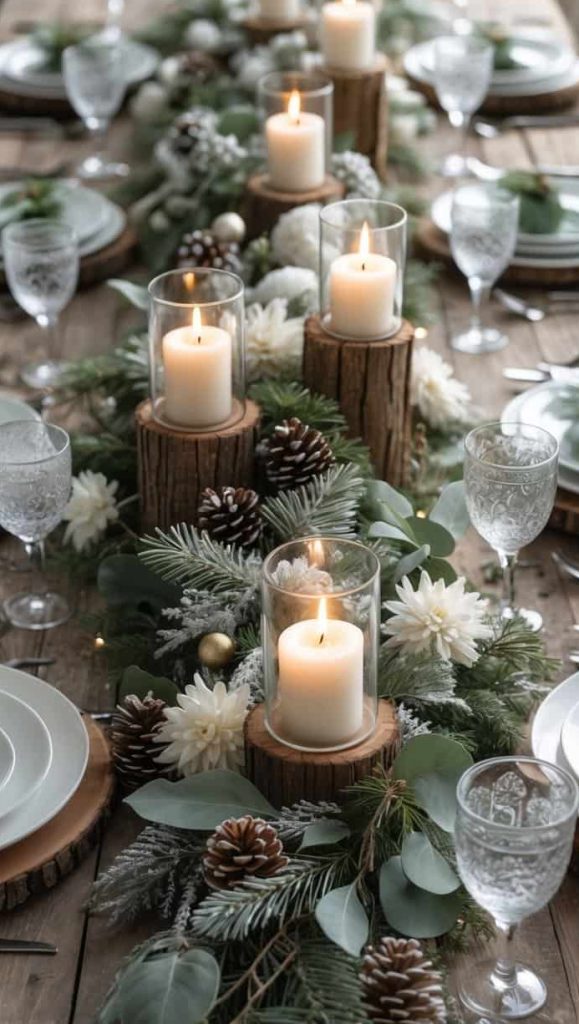 A festive dining table is set with white plates, glassware, and a centerpiece of candles, pinecones, fir branches, and white flowers on a wooden table.