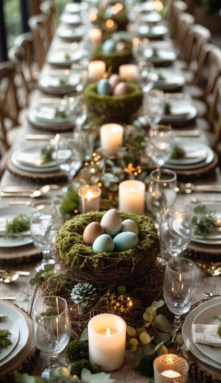 A dining table set with plates, glasses, cutlery, moss nest centerpieces containing vintage eggs, candles, and seasonal flowers under natural light.