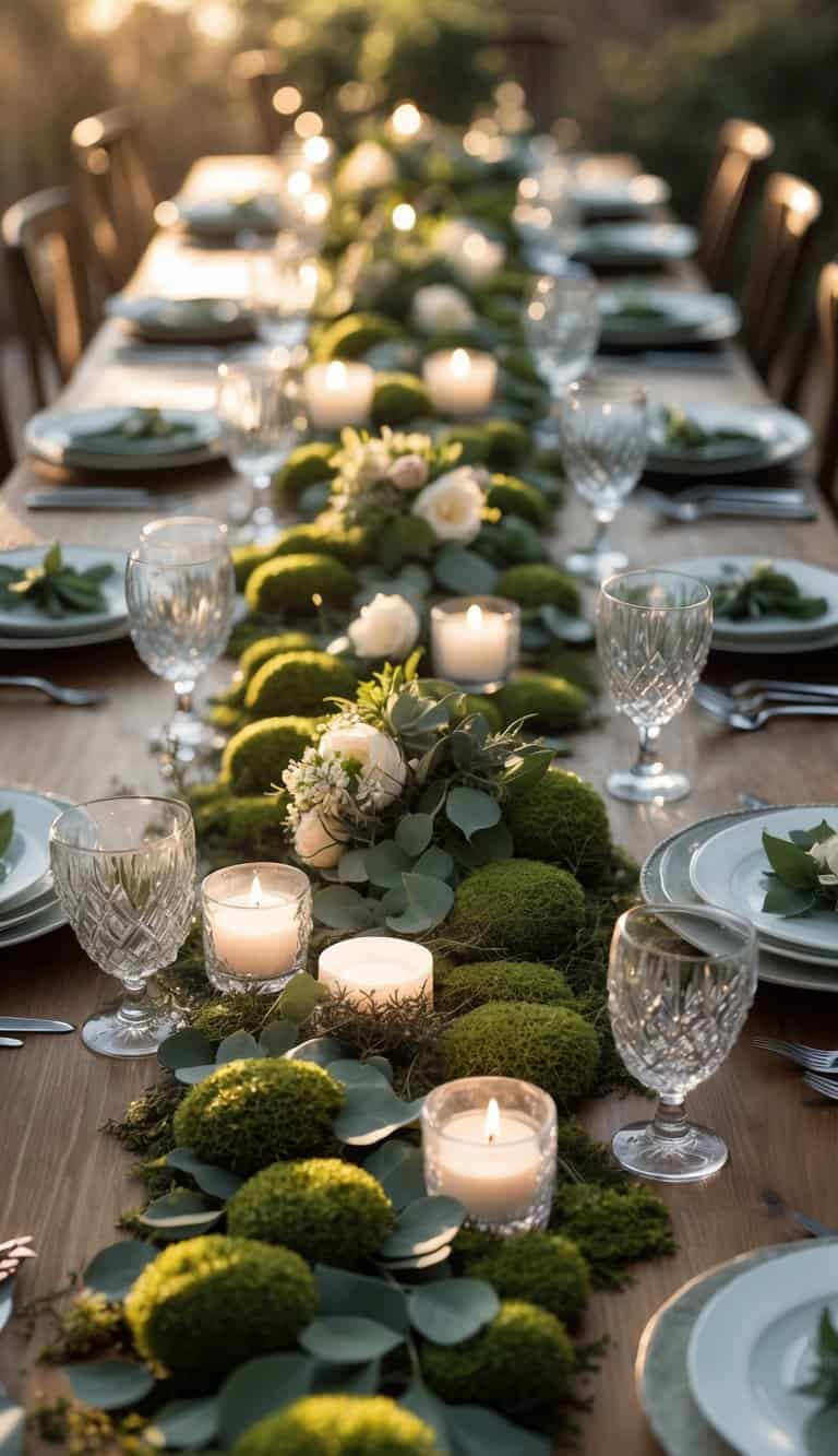 A dining table set with plates, glasses, cutlery, candles, and floral centerpieces with moss petals scattered on the surface.