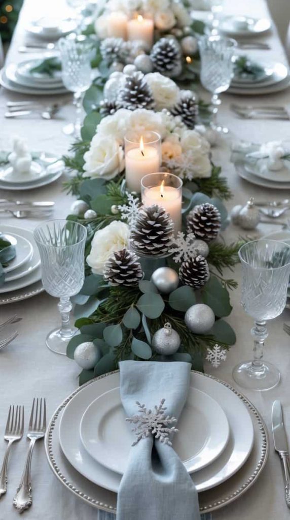 A formal dining table is set with white plates, silverware, crystal glasses, and decorated with candles, pinecones, white flowers, and silver ornaments, creating a winter-themed centerpiece.