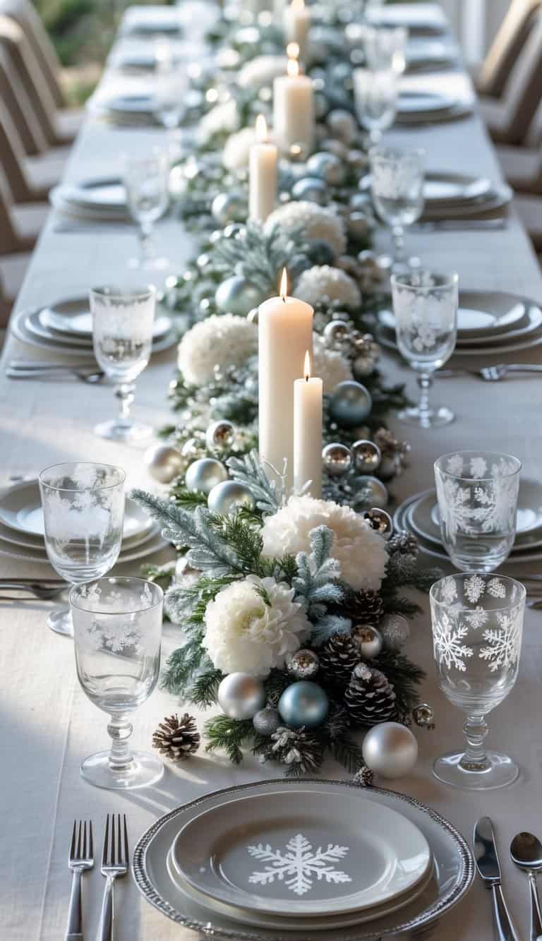 A dining table set for a winter event with clear snowflake-etched glassware, white plates, silver cutlery, candles, and floral centerpieces.