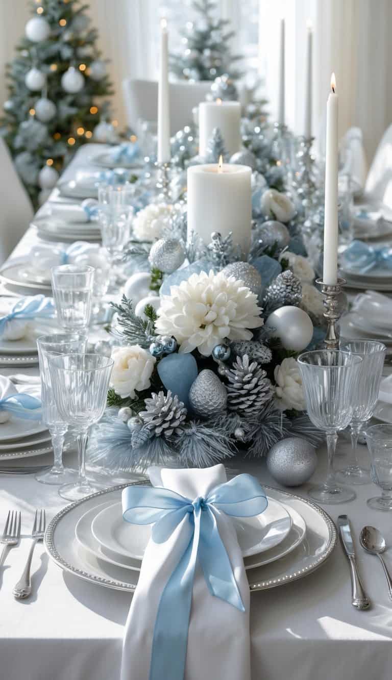 A dining table set with white plates, glasses, silver cutlery, napkins tied with pale blue and silver ribbons, candles, and a floral centerpiece with winter-themed decorations.