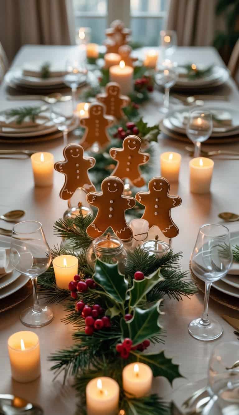 A dining table set for a holiday event with plates, glasses, cutlery, dancing gingerbread men figurines, salt and pepper shakers, candles, and seasonal flowers.