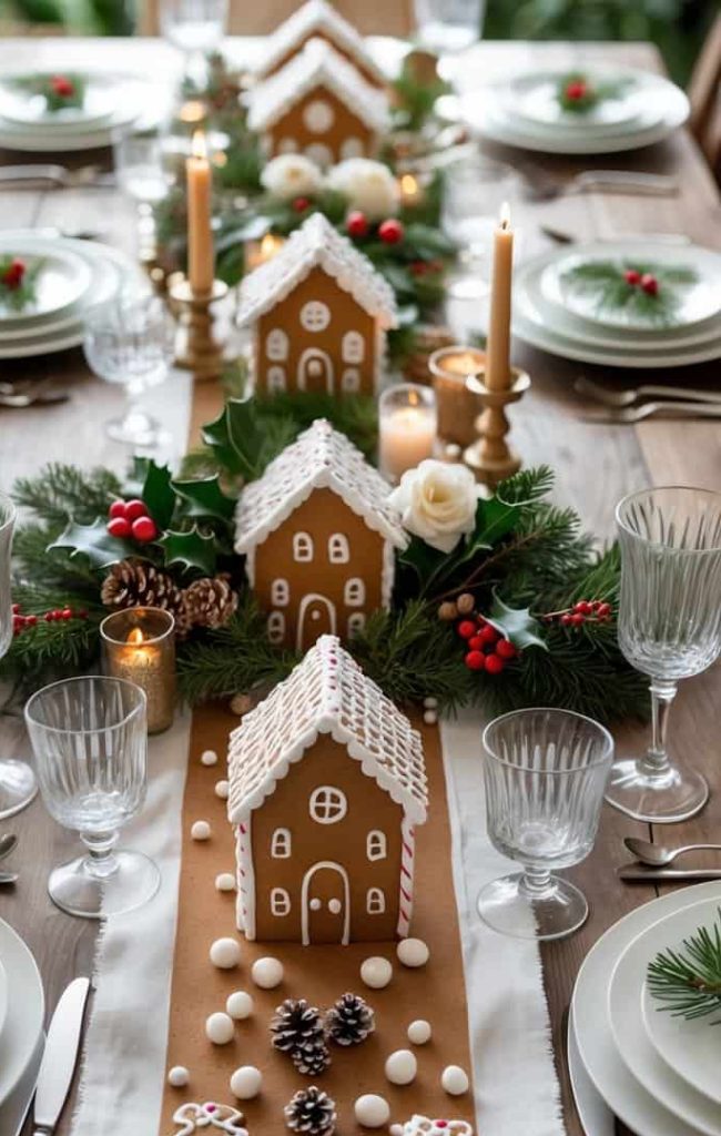 A festive dining table set with plates, crystal glasses, candles, pine branches, and gingerbread houses as a centerpiece.