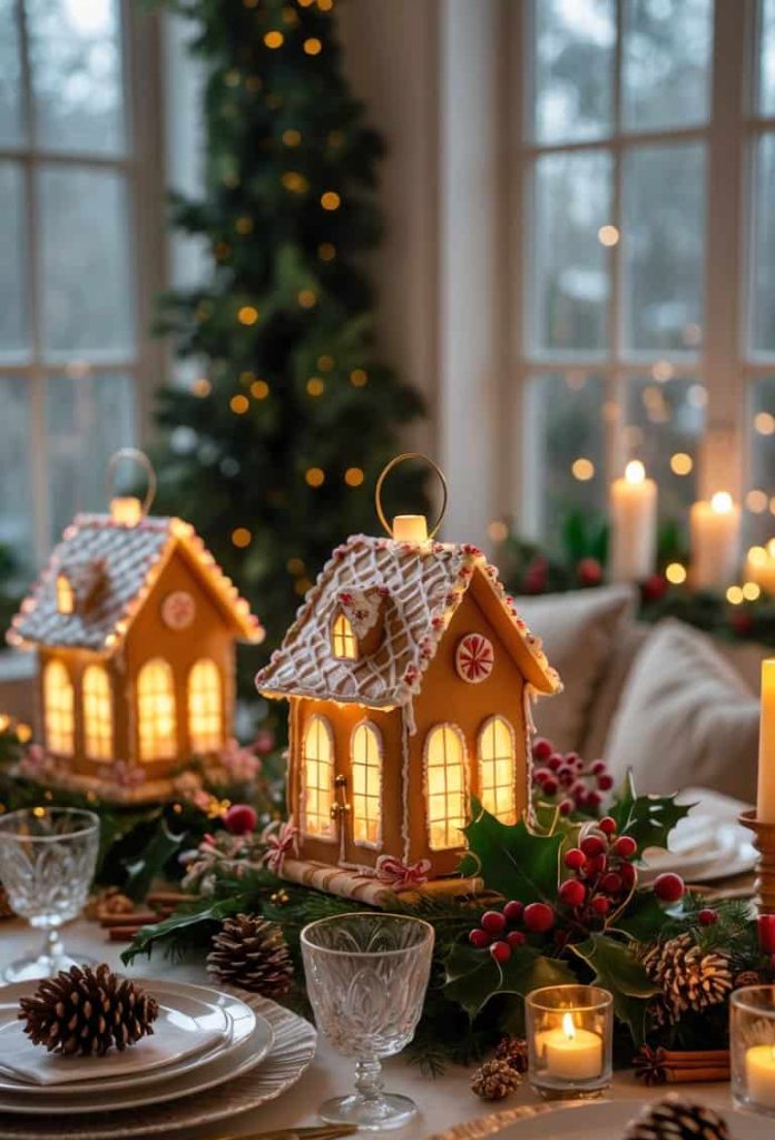 A festive table set with plates, glasses, pinecones, candles, and gingerbread houses, with a decorated Christmas tree and candles in the background.