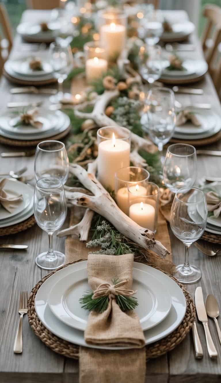 A dining table set with plates, glasses, cutlery, candles, and floral centerpieces, viewed fully from above in natural light.