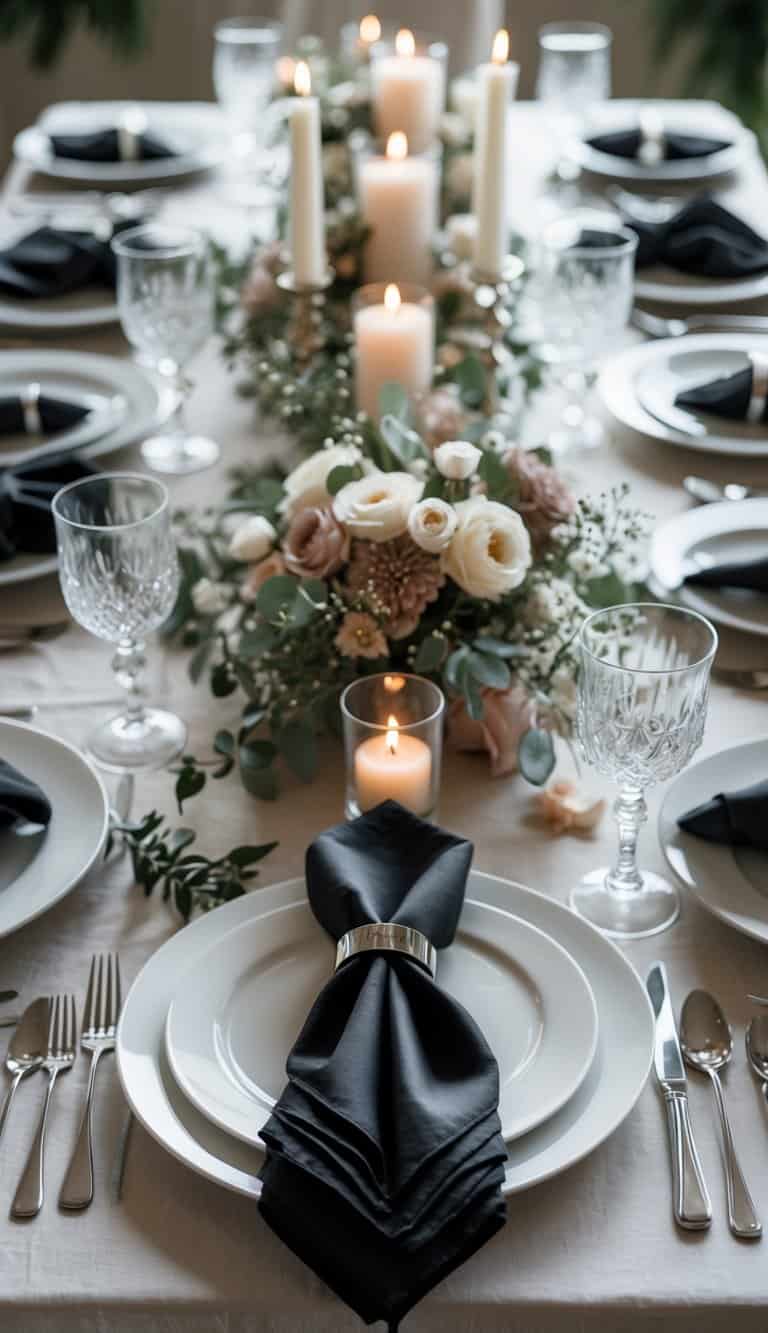 A wedding dining table set with black napkins and silver napkin rings, white plates, floral centerpieces, and candles under natural light.