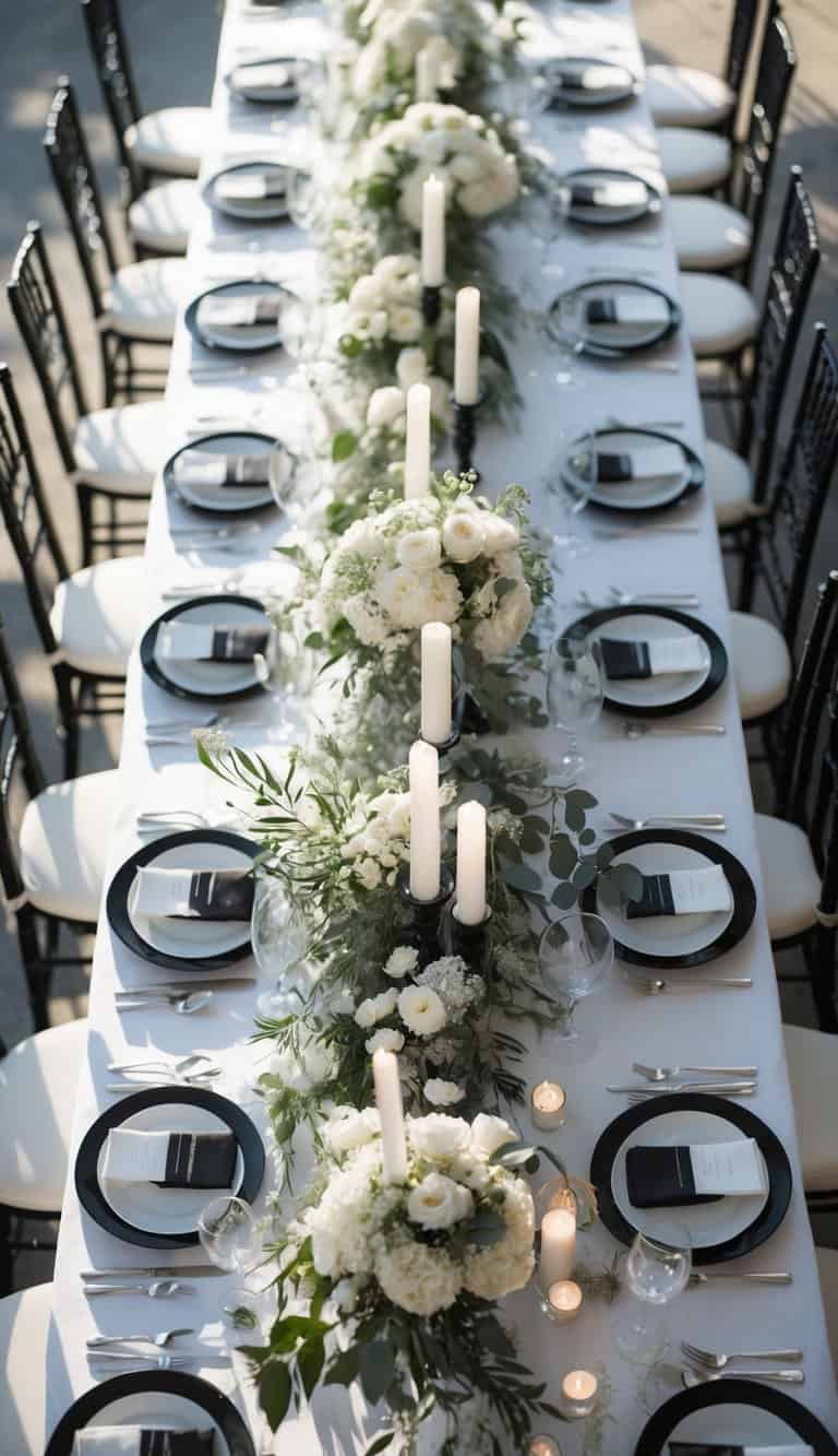 A wedding dining table set with black Chiavari chairs with white cushions, white and black plates, floral centerpieces, and candles under natural light.