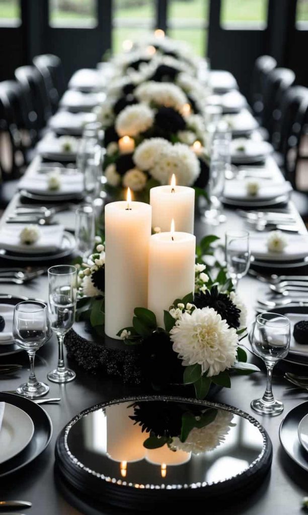 A formal dining table set with black and white plates, glassware, and silverware, decorated with white flowers and large pillar candles as centerpieces.