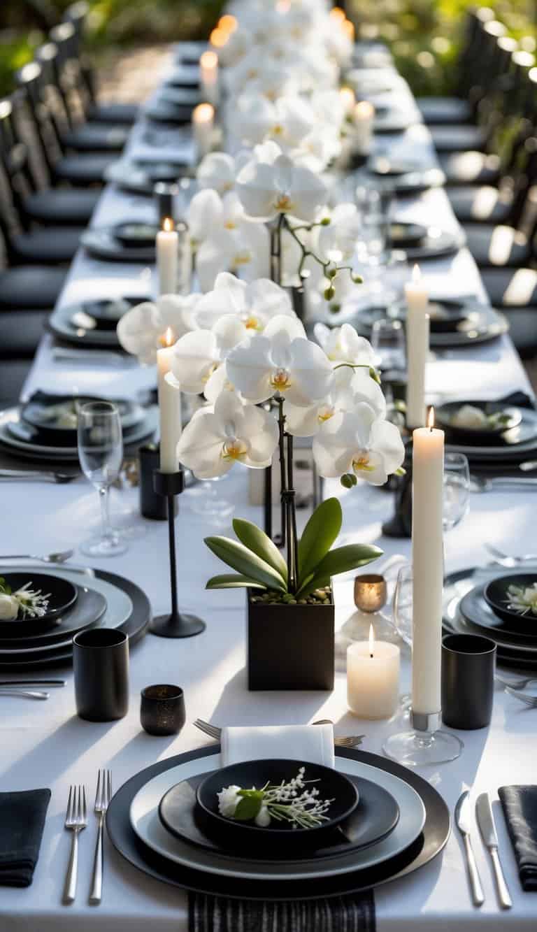 A wedding dining table set with white orchids in black square pots, black and white plates, candles, and seasonal floral decorations under natural light.