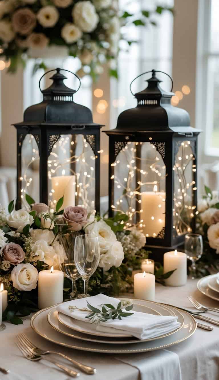 A wedding dining table set with black lanterns wrapped in white fairy lights, white plates, candles, and floral arrangements under natural light.