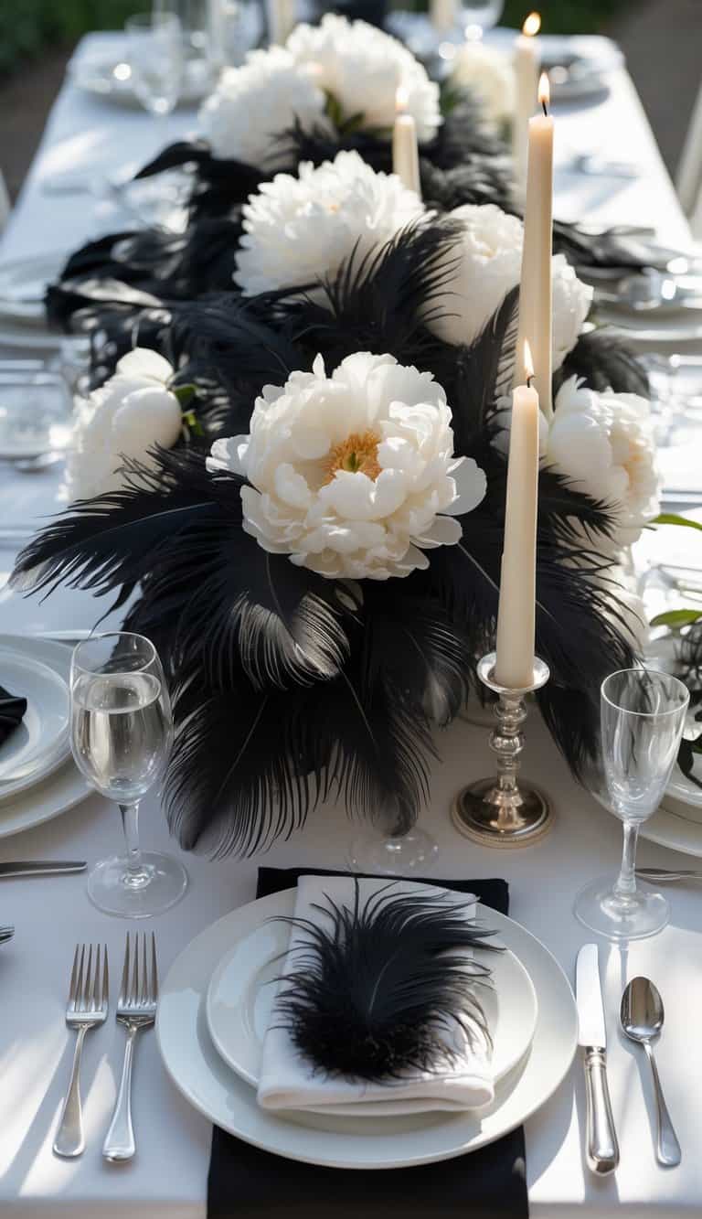 A wedding dining table set with white plates, black feathers, white peonies, and lit candles arranged as a centerpiece.