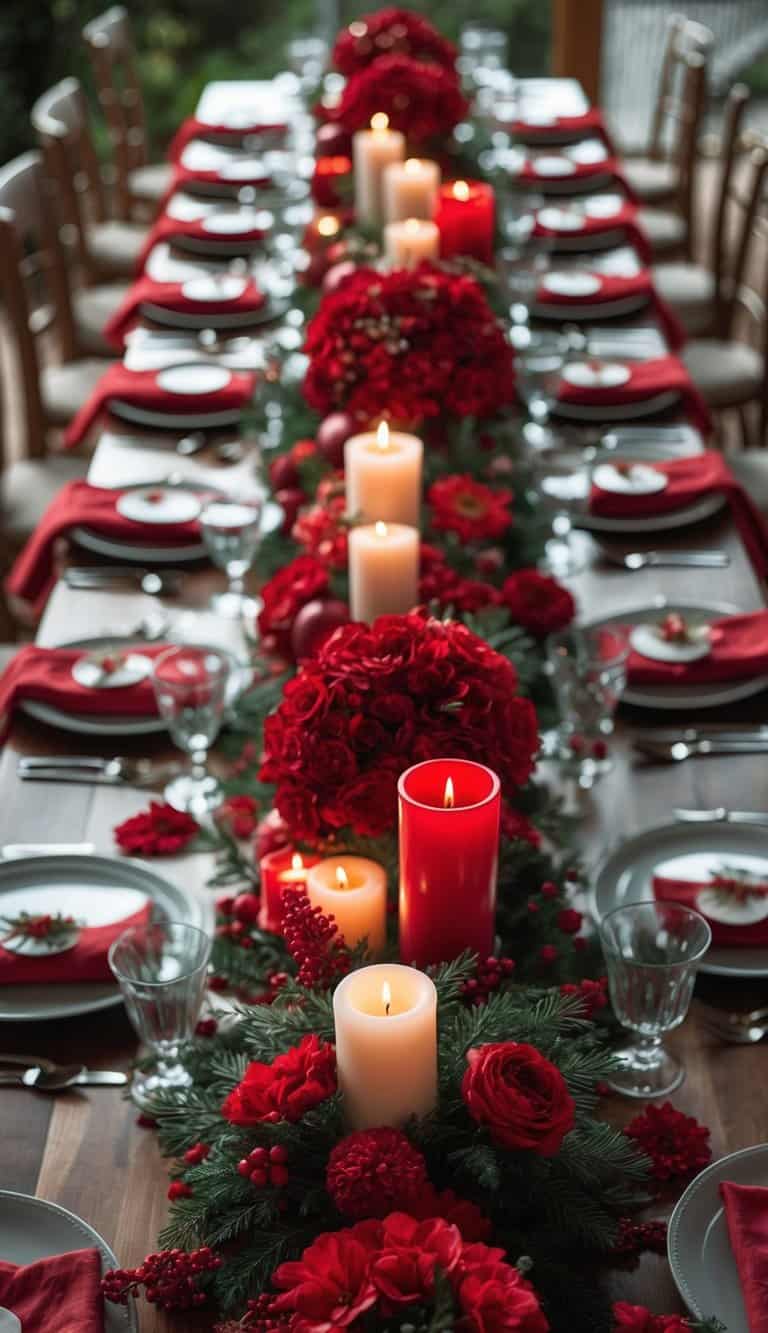 A dining table set with red flowers, candles, plates, glasses, and cutlery arranged neatly for a holiday event.