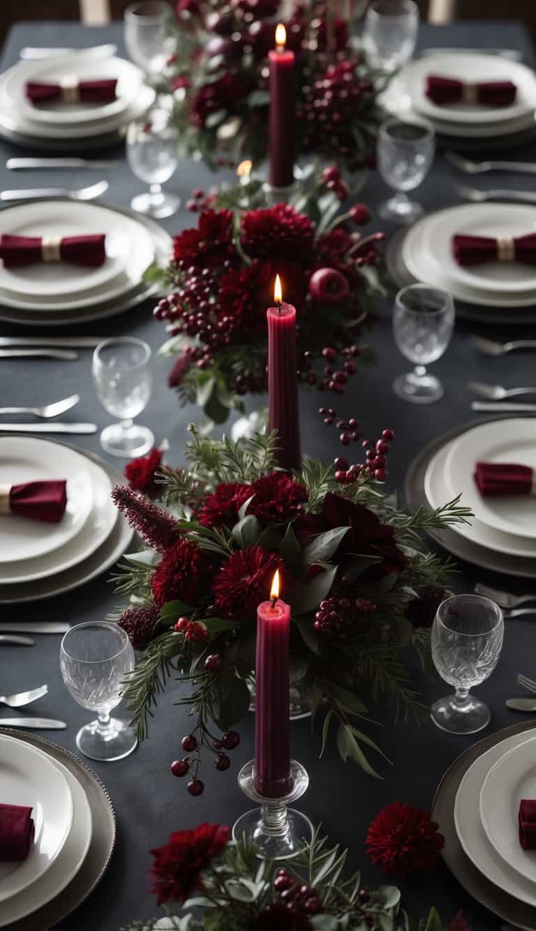 A dining table set with plates, glasses, cutlery, dark red candles, and floral centerpieces.