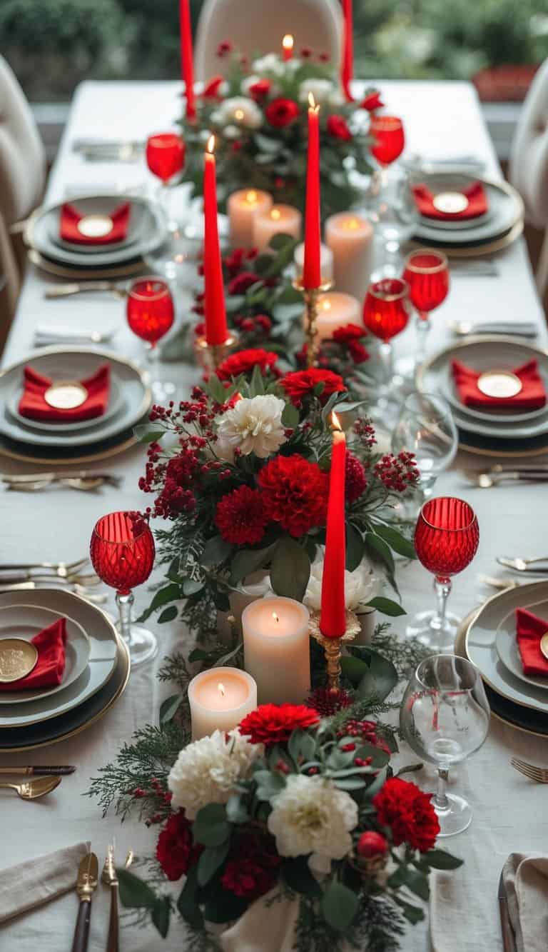 A fully set dining table with plates, cutlery, candles, floral centerpieces, and wine glasses with red stems.