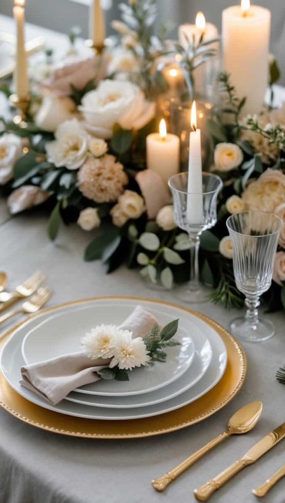 A formal table setting with gold-rimmed plates, gold cutlery, glassware, beige napkins with white flowers, and lit candles among white and cream floral arrangements.