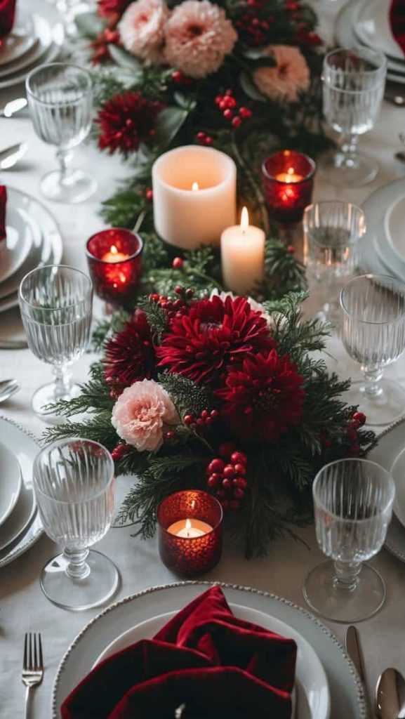 A festive dining table set with red and white flowers, candles, glassware, and red napkins folded on white plates, decorated with greenery.