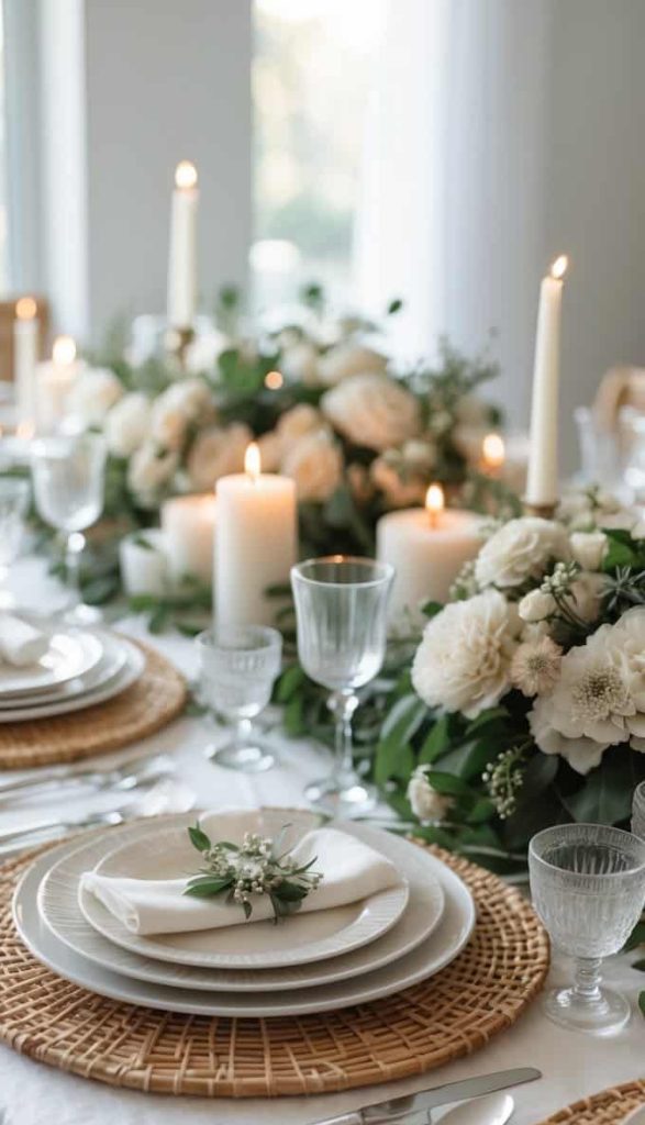 A dining table set with white plates, glassware, and cutlery on woven placemats, decorated with white flowers, greenery, and lit candles.