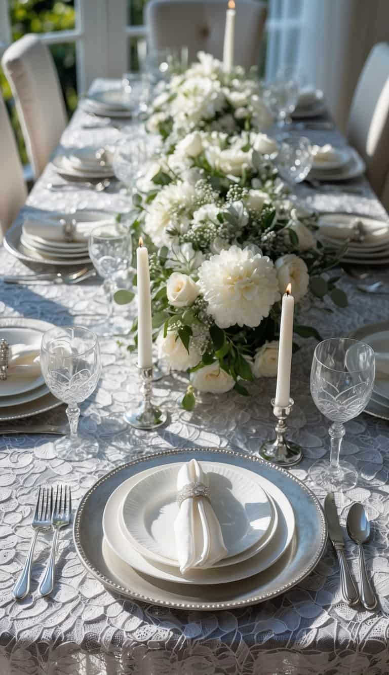 A dining table set with a silver lace tablecloth, plates, glasses, cutlery, floral centerpieces, and lit candles.